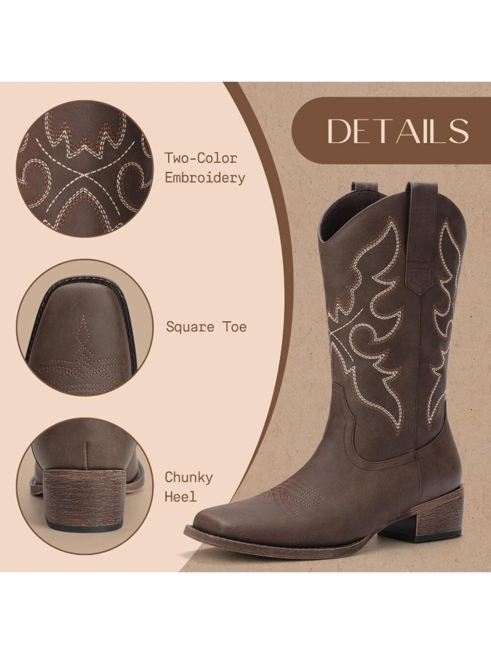 Women Dark Brown Faux Leather Toe Cowboy Boots Mid-Calf Embroidered Chunky Heel - Picture 4 of 5